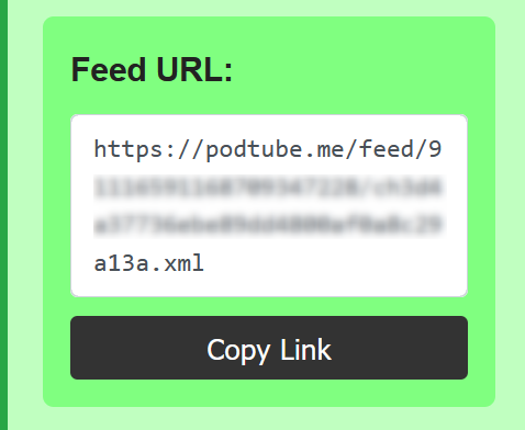 PodTube generated podcast subscription feed link screenshot